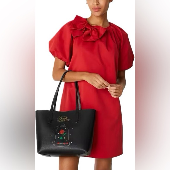 DISNEY X KATE SPADE BEAUTY AND THE BEAST REVERSIBLE LEATHER TOTE BAG w/WRISTLET! - Picture 2 of 7